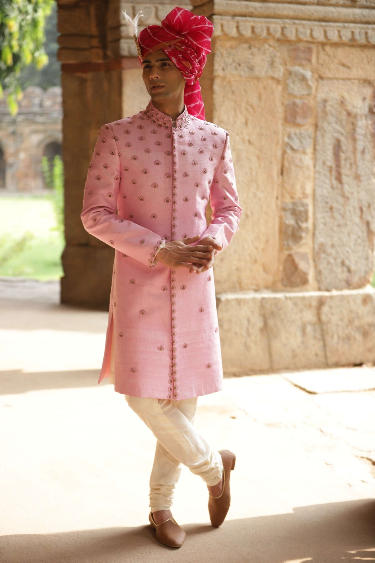 Gargee Designer's PINK EMBROIDERED SILK SHERWANI SET Gargee