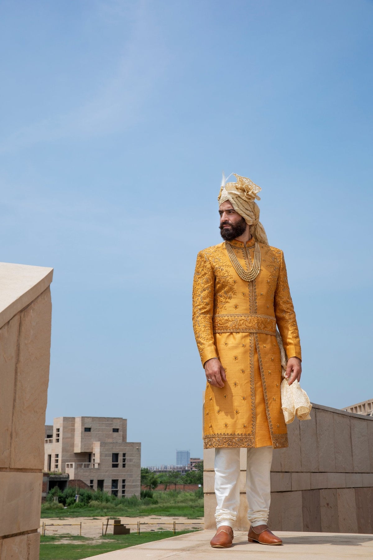 Gargee Designer's MUSTARD EMBROIDERED SILK SHERWANI SET Gargee