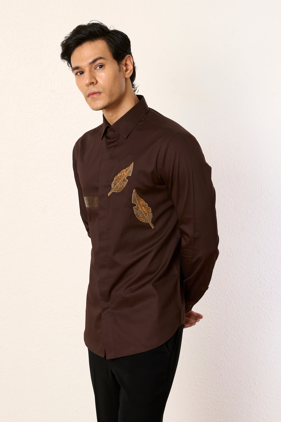 Gargee Designer's Brown Leaf Embroidered Shirt Gargee