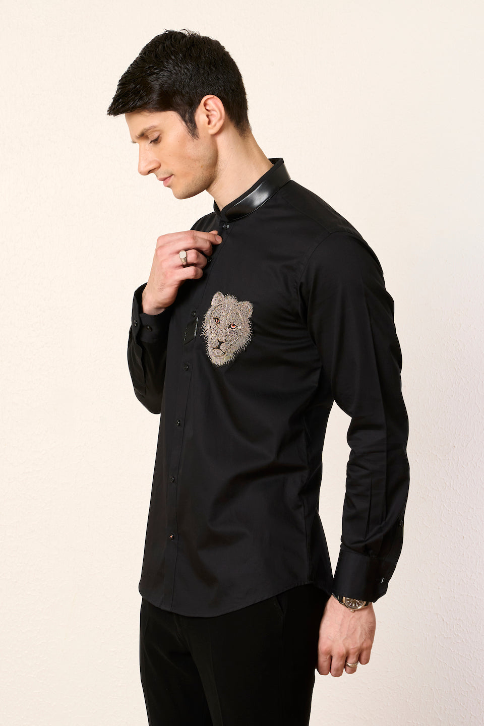 Gargee Designer's Black Lion Embroidered Shirt Gargee