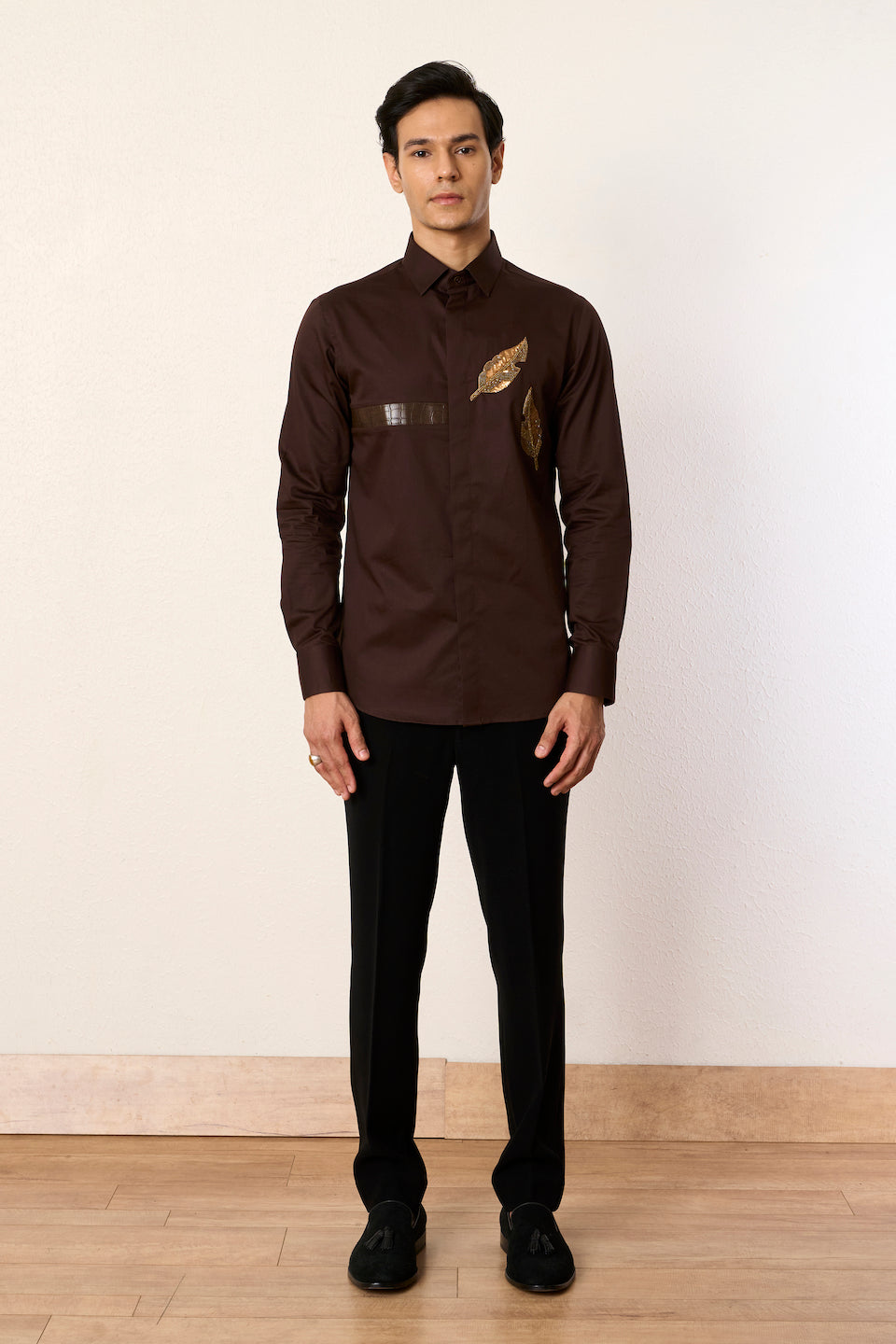Gargee Designer's Brown Leaf Embroidered Shirt Gargee