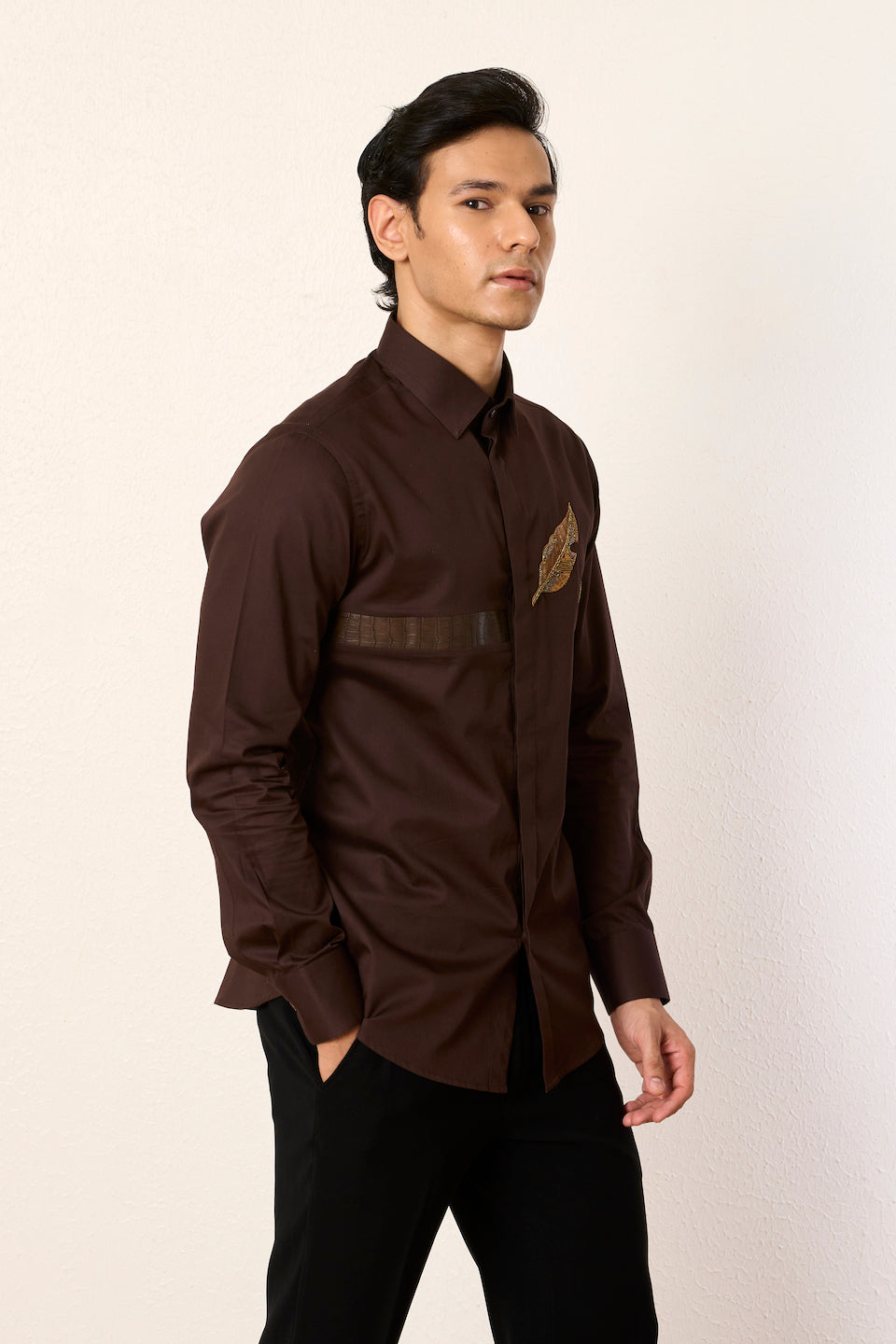 Gargee Designer's Brown Leaf Embroidered Shirt Gargee