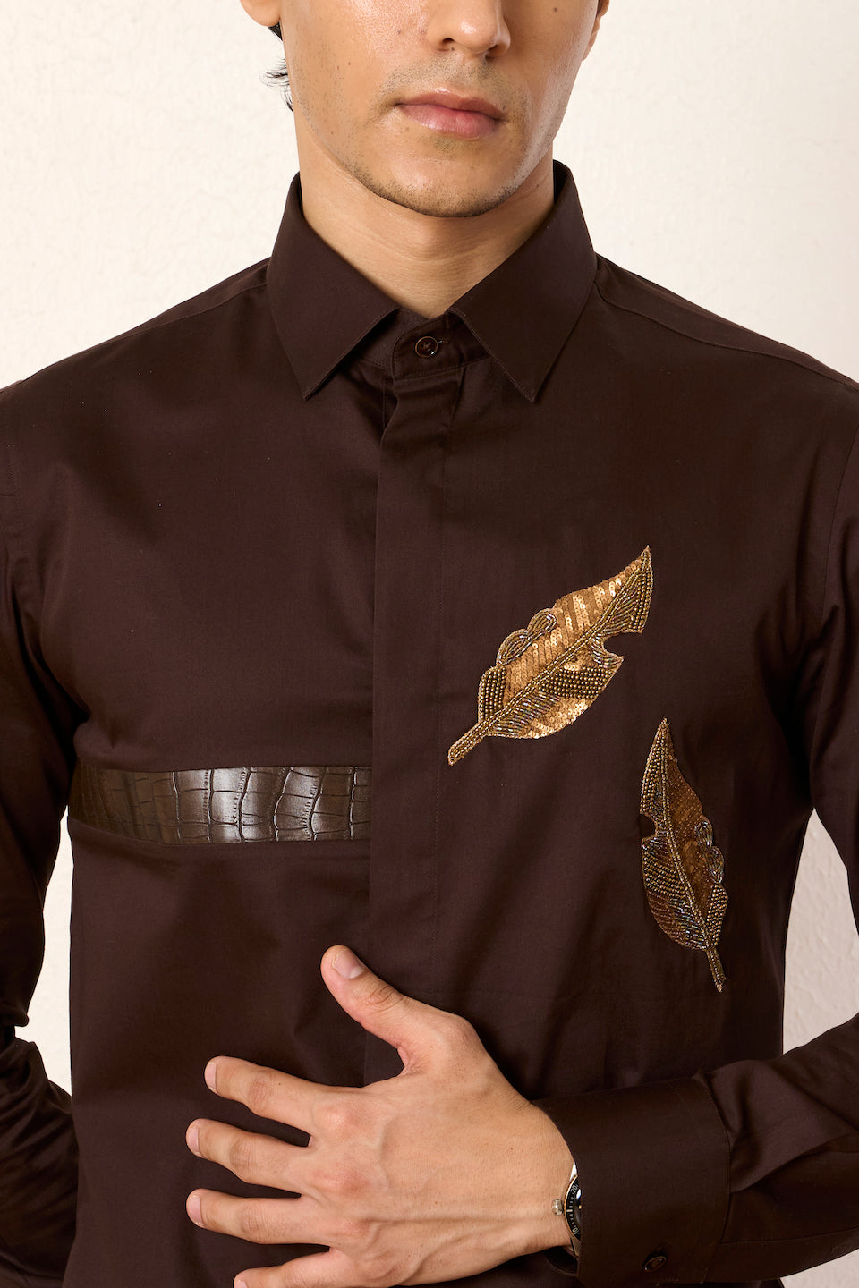 Gargee Designer's Brown Leaf Embroidered Shirt Gargee