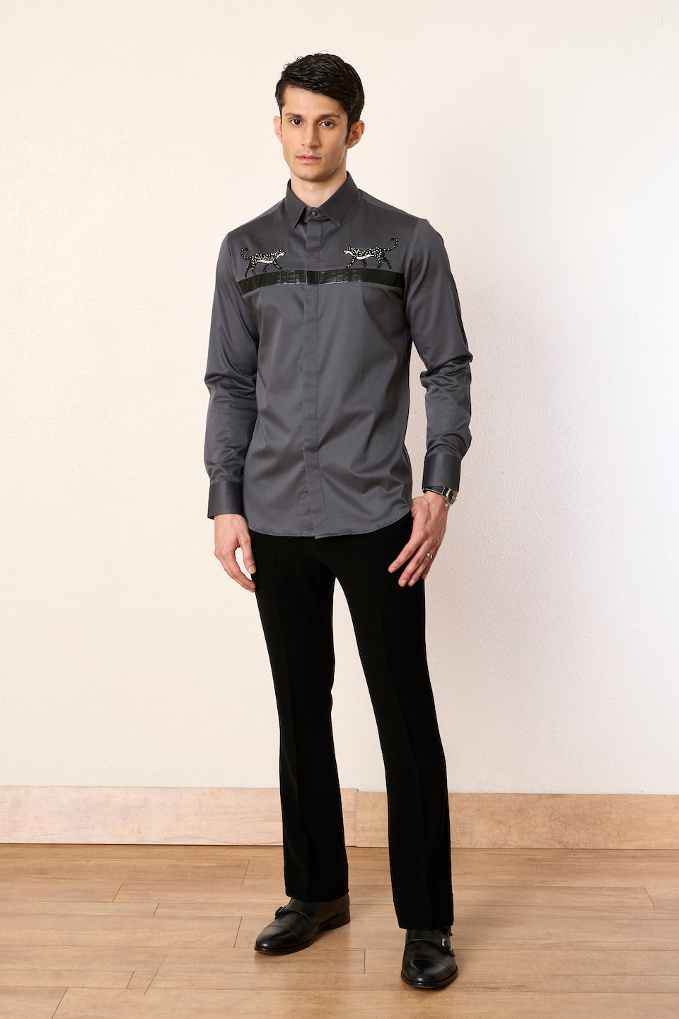 Gargee Designer's Grey Leopard Embroidered Shirt Gargee