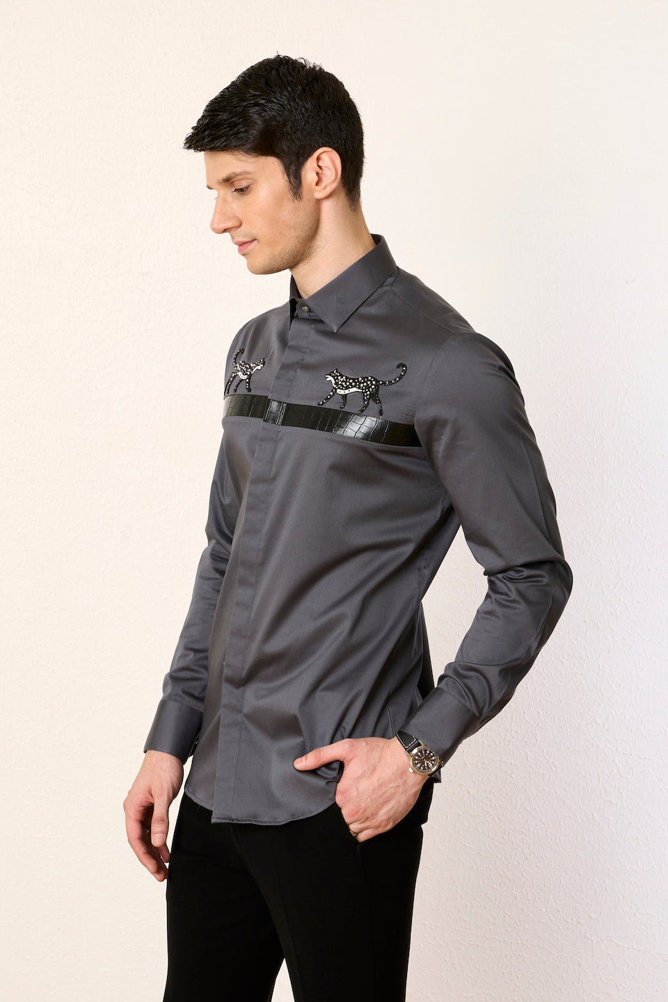 Gargee Designer's Grey Leopard Embroidered Shirt Gargee