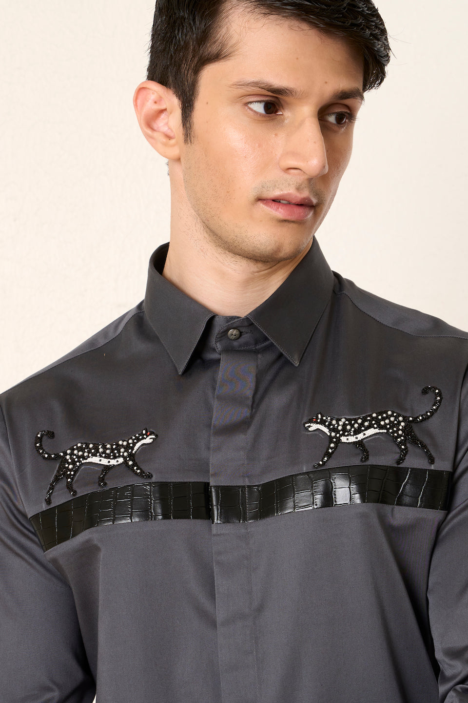 Gargee Designer's Grey Leopard Embroidered Shirt Gargee