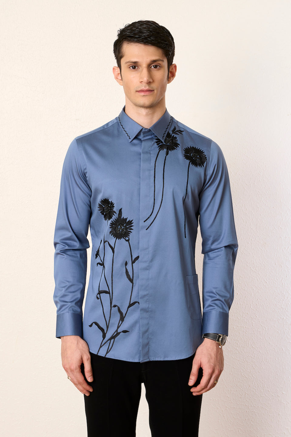Gargee Designer's Indigo Petunia Embroidered Shirt Gargee