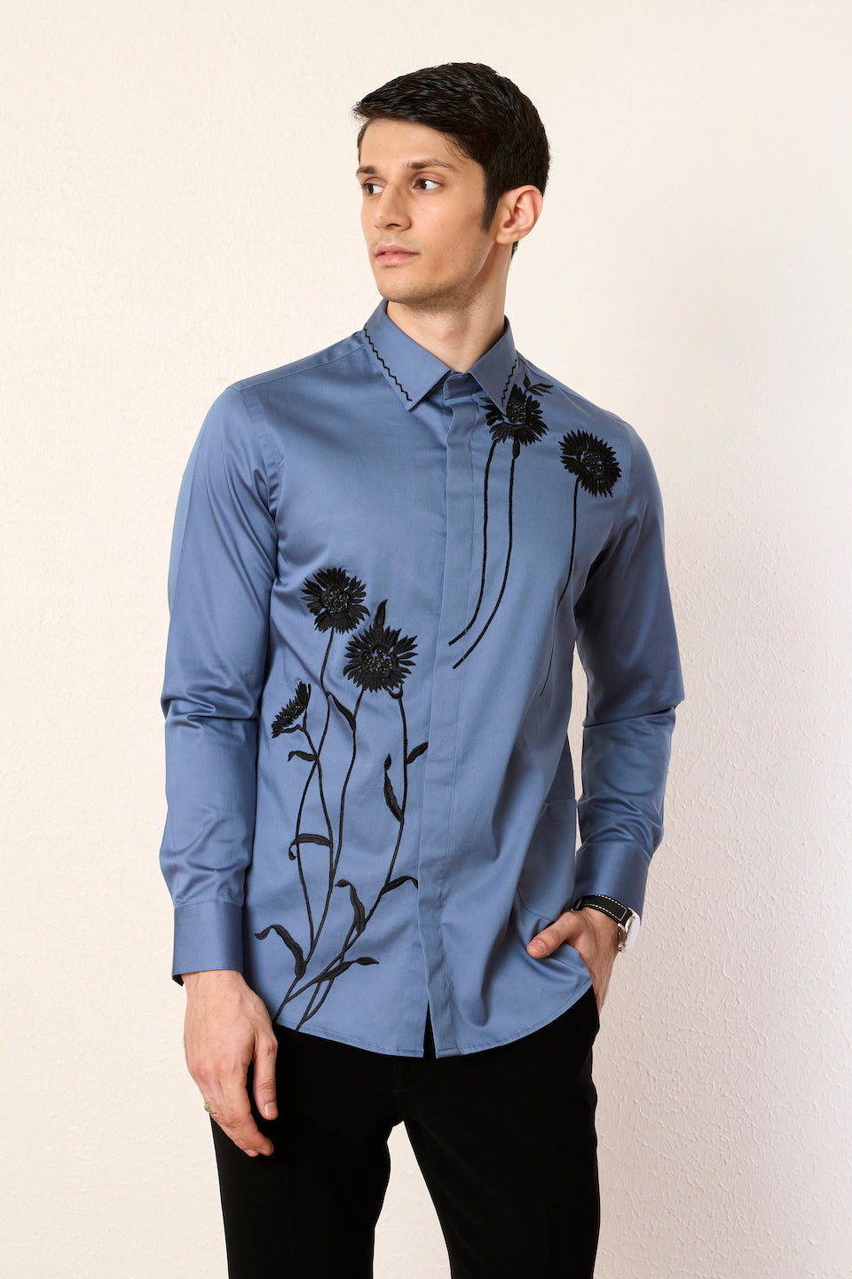 Gargee Designer's Indigo Petunia Embroidered Shirt Gargee