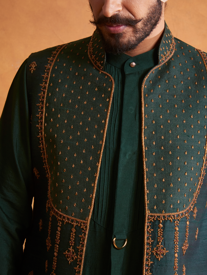 Gargee Designer's BOTTLE GREEN EMBROIDERED SILK SHRUG SET Gargee