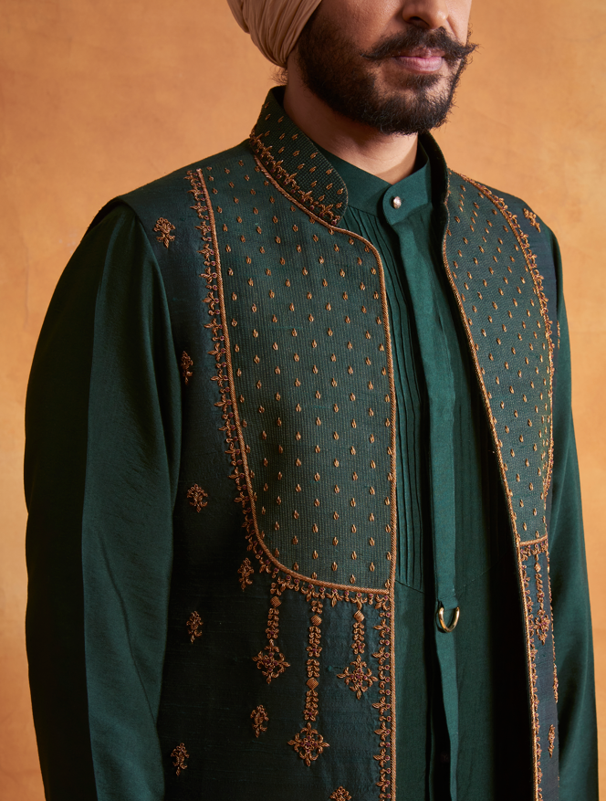 Gargee Designer's BOTTLE GREEN EMBROIDERED SILK SHRUG SET Gargee
