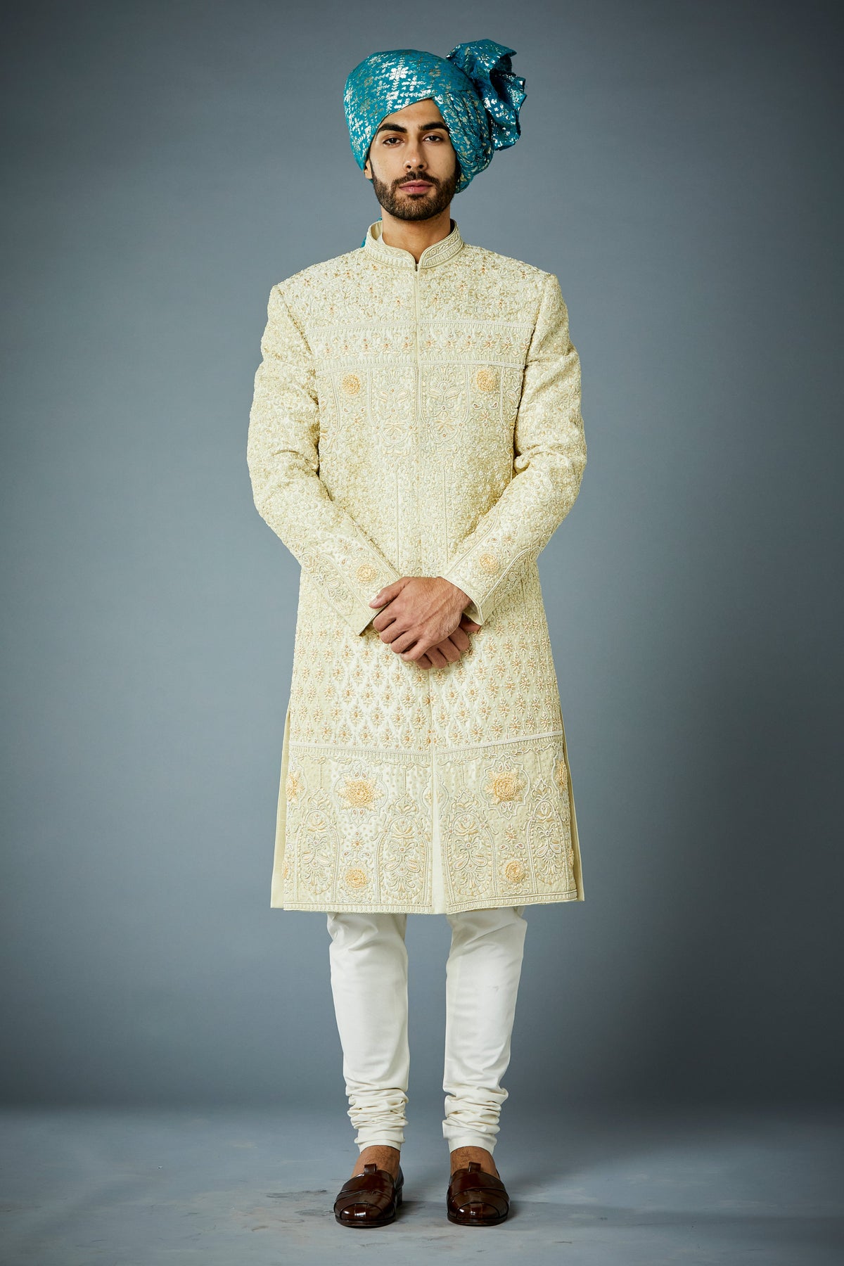 Gargee Designer's YELLOW EMBROIDERED SILK SHERWANI SET Gargee