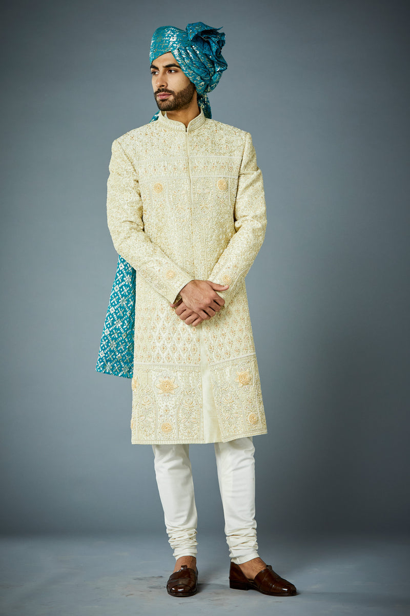 Gargee Designer's YELLOW EMBROIDERED SILK SHERWANI SET Gargee
