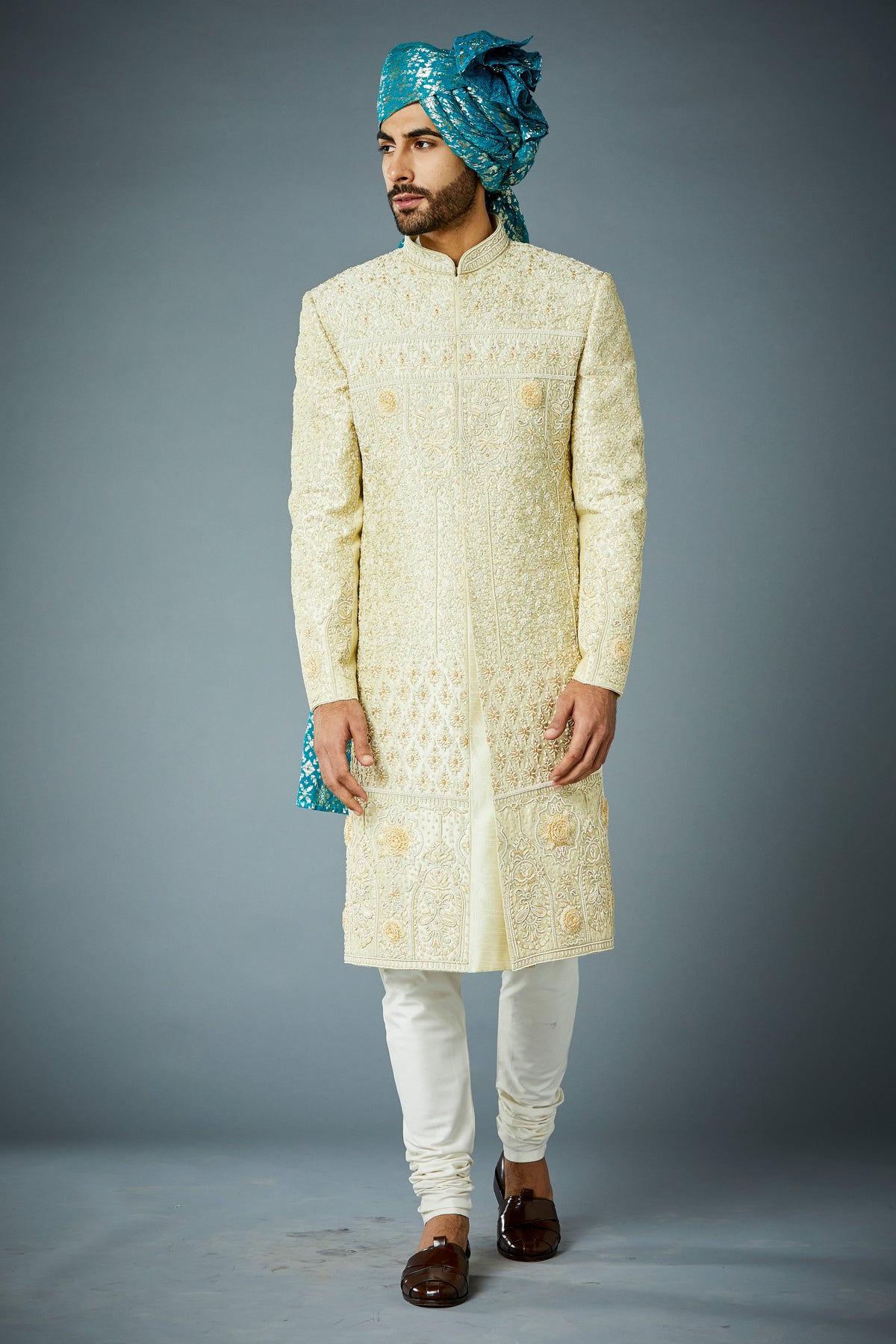 Gargee Designer's YELLOW EMBROIDERED SILK SHERWANI SET Gargee