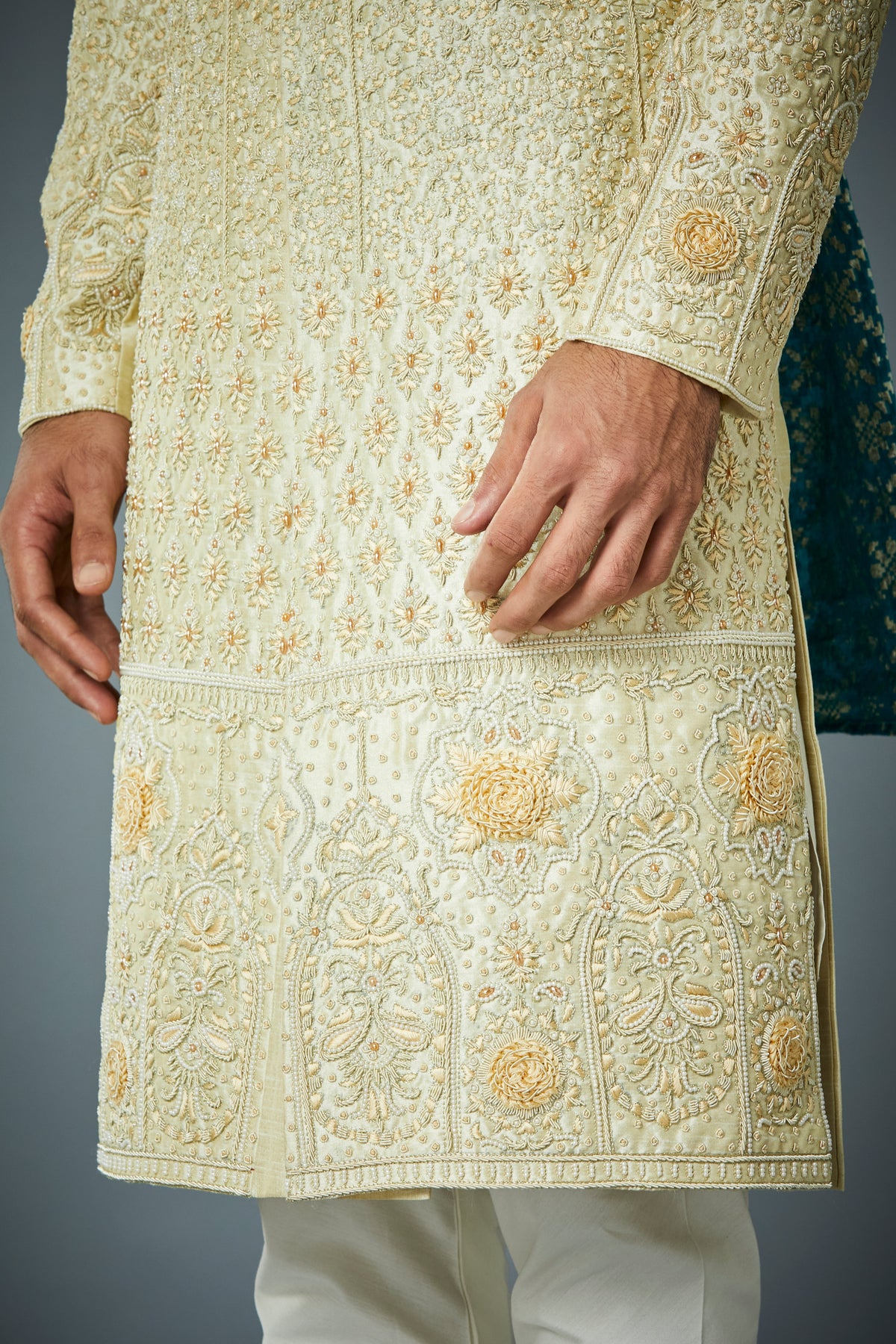 Gargee Designer's YELLOW EMBROIDERED SILK SHERWANI SET Gargee
