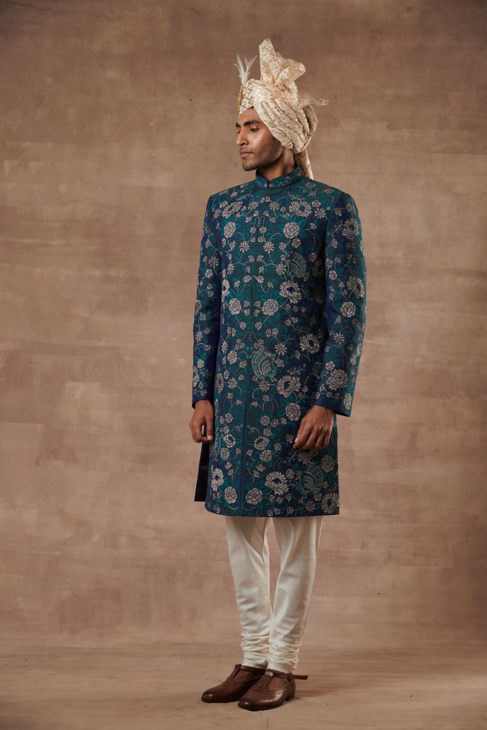 GREEN SILK EMBROIDERED SHERWANI SET 4