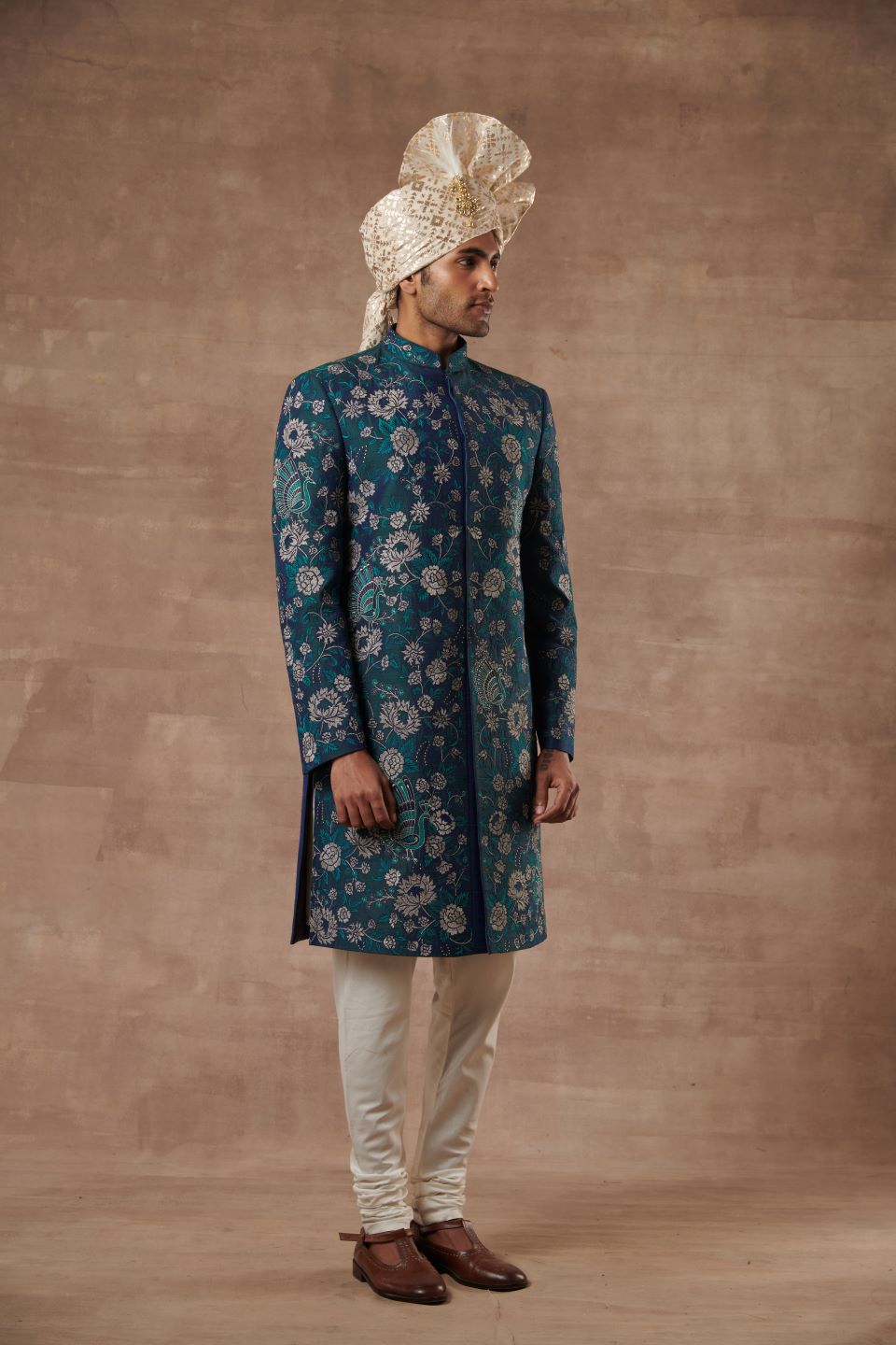 GREEN SILK EMBROIDERED SHERWANI SET 5