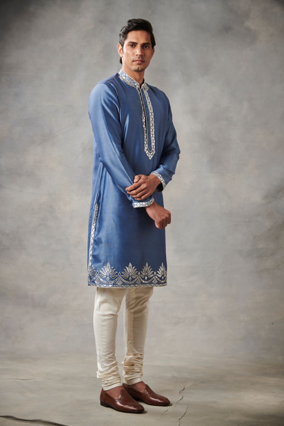 BLUE CHANDERI APPLIQUE KURTA SET 3
