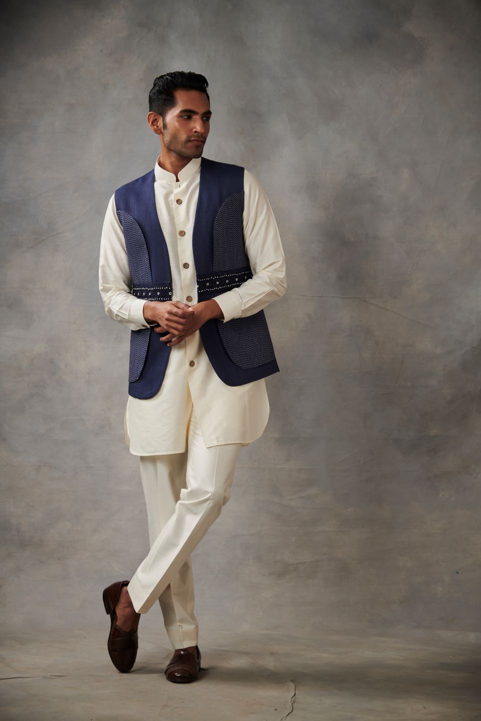 NAVY SILK EMBROIDERED BUNDI SET 5