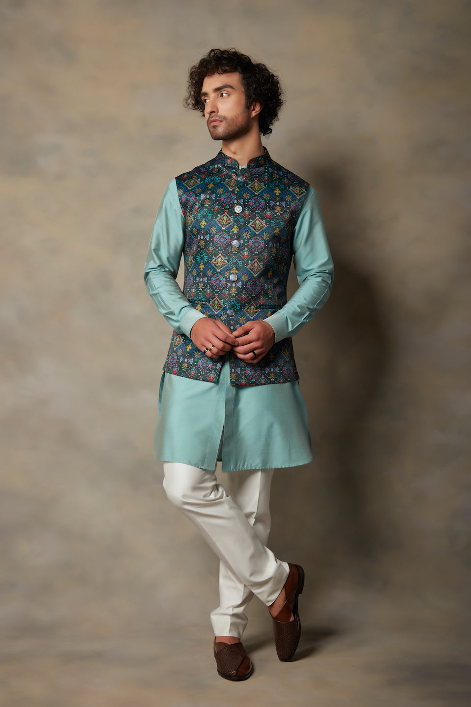 Gargee Designer's GREEN PRINTED BUNDI SET Gargee