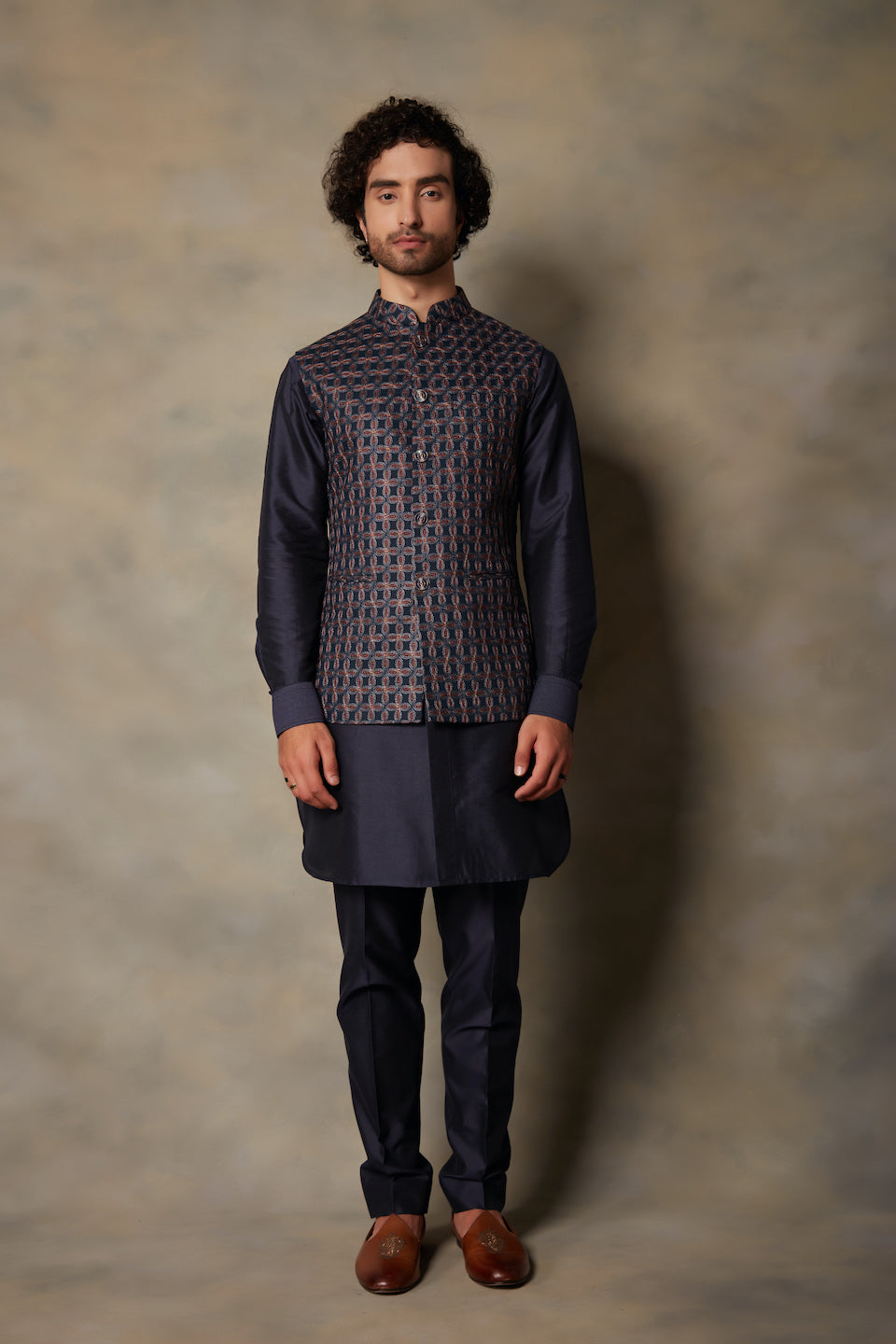 Gargee Designer's BLUE EMBROIDERED LINEN BUNDI SET Gargee Designer