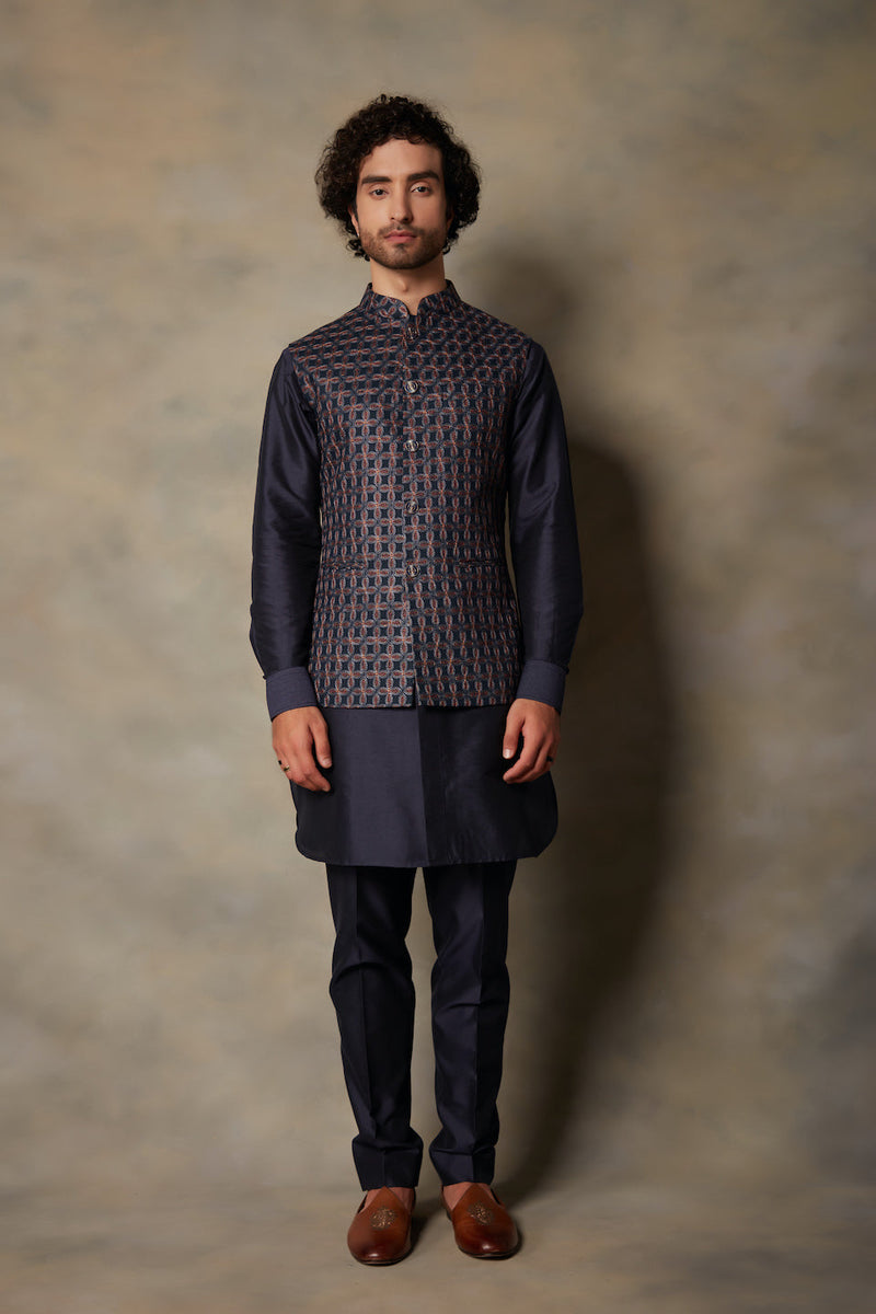 Gargee Designer's BLUE EMBROIDERED LINEN BUNDI SET Gargee Designer