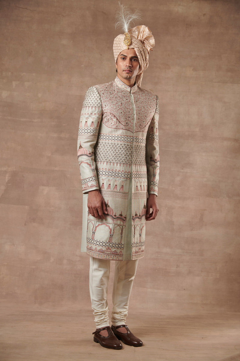 Gargee Designer's GREY SILK EMBROIDERED SHERWANI SET Gargee