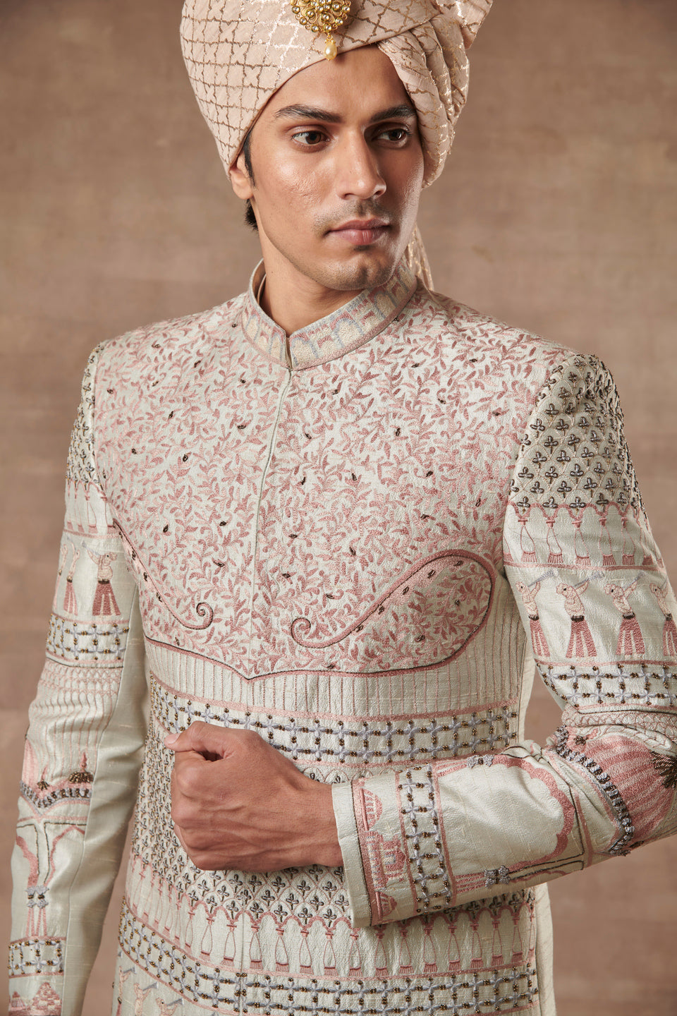 Gargee Designer's GREY SILK EMBROIDERED SHERWANI SET Gargee