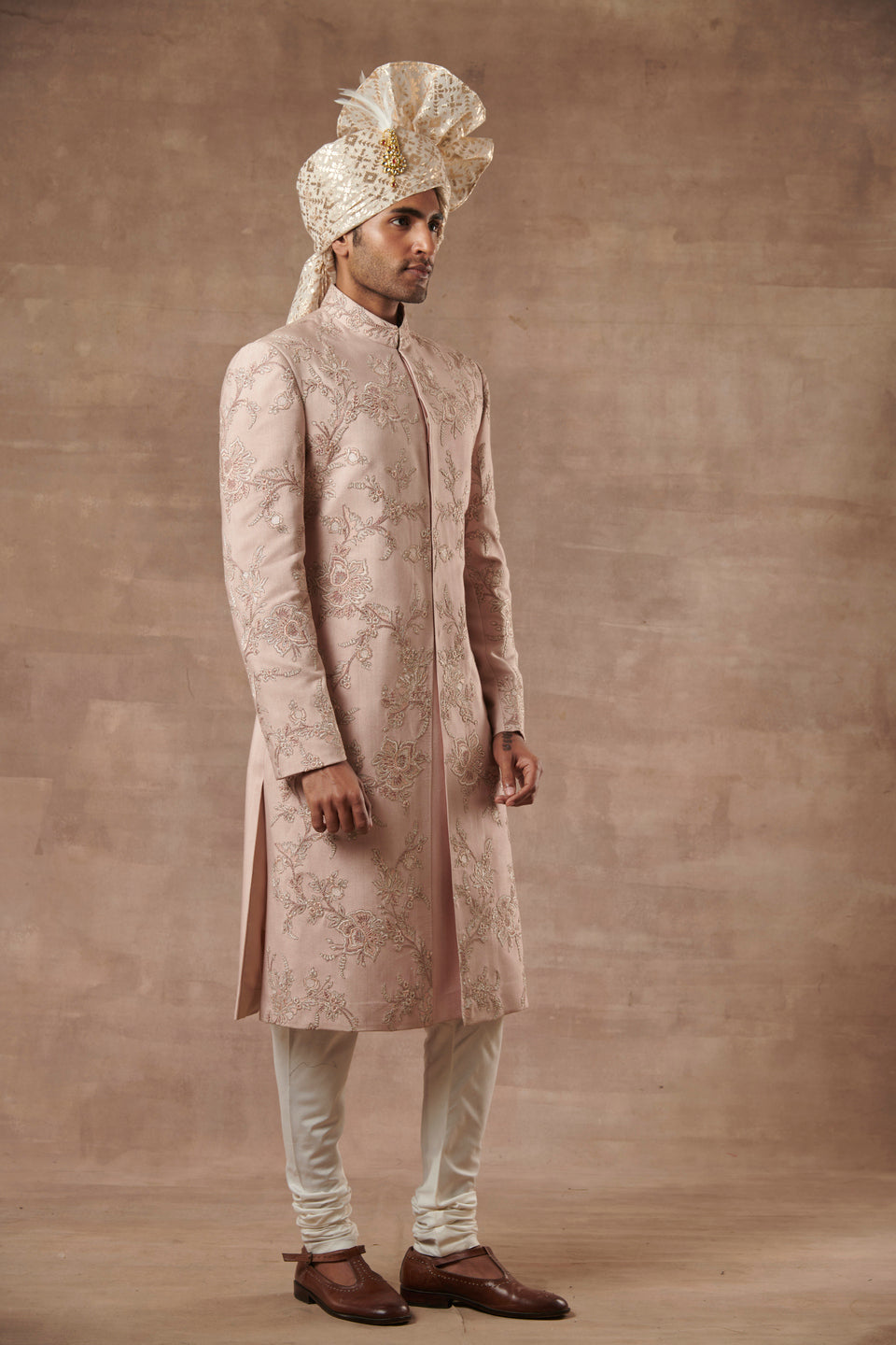 PEACH SILK EMBROIDERED SHERWANI SET 5