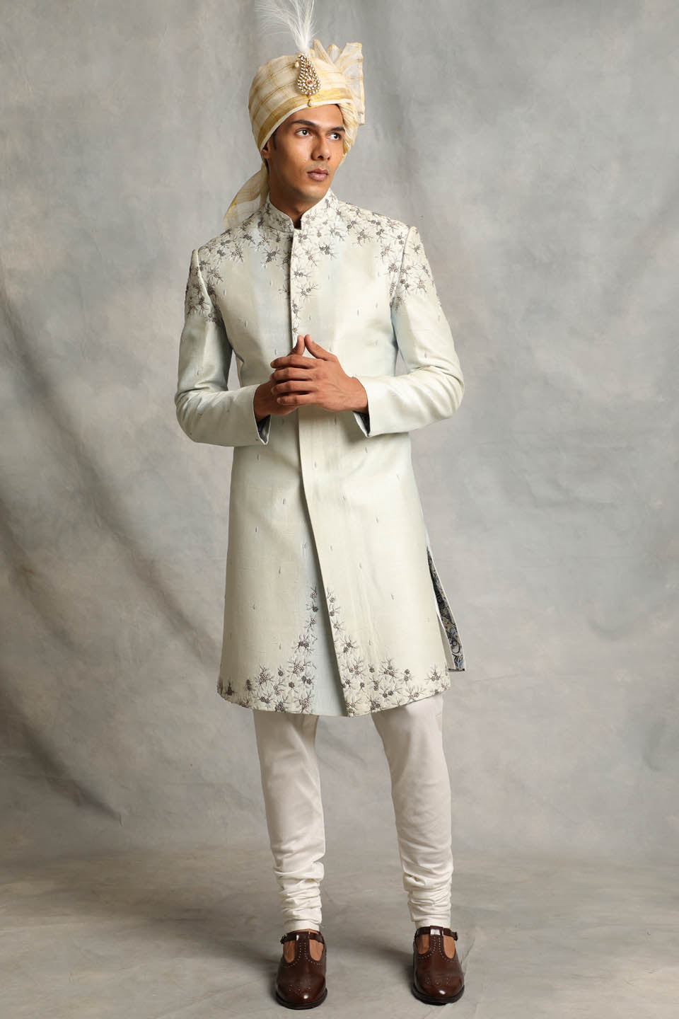 ICE BLUE EMBROIDERED SILK SHERWANI SET 1