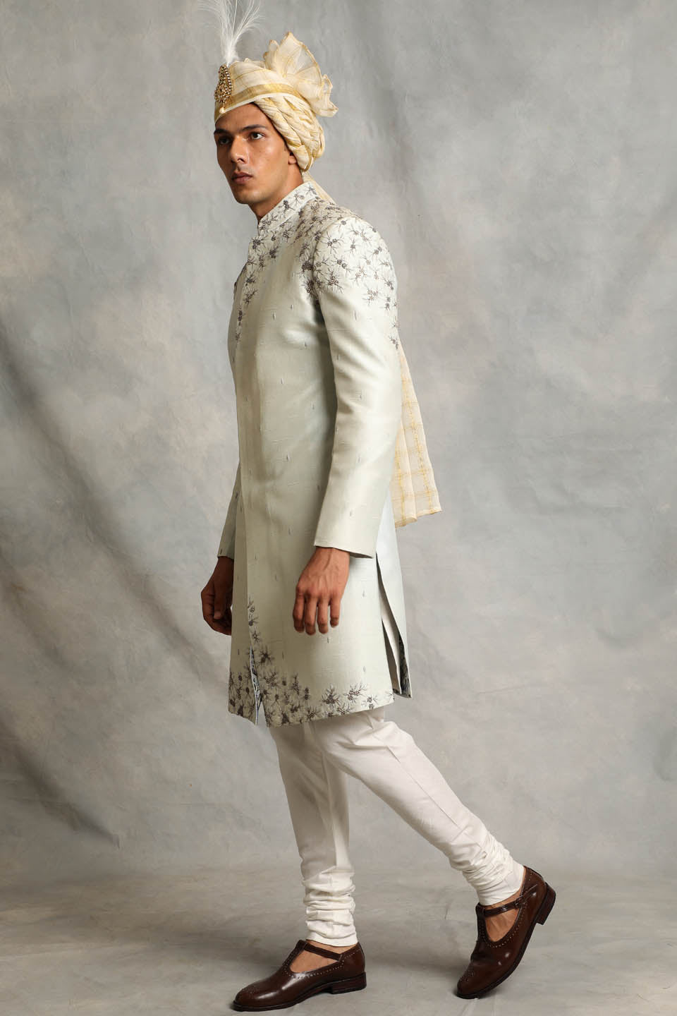 ICE BLUE EMBROIDERED SILK SHERWANI SET 4