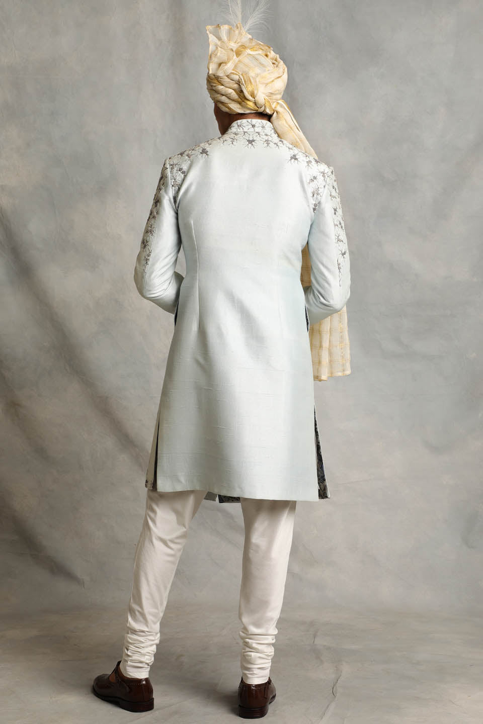 ICE BLUE EMBROIDERED SILK SHERWANI SET 5
