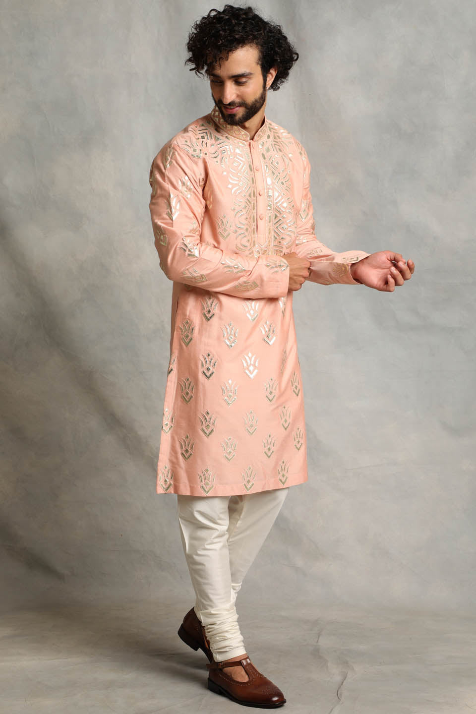 PEACH APPLIQUE SILK KURTA SET 1
