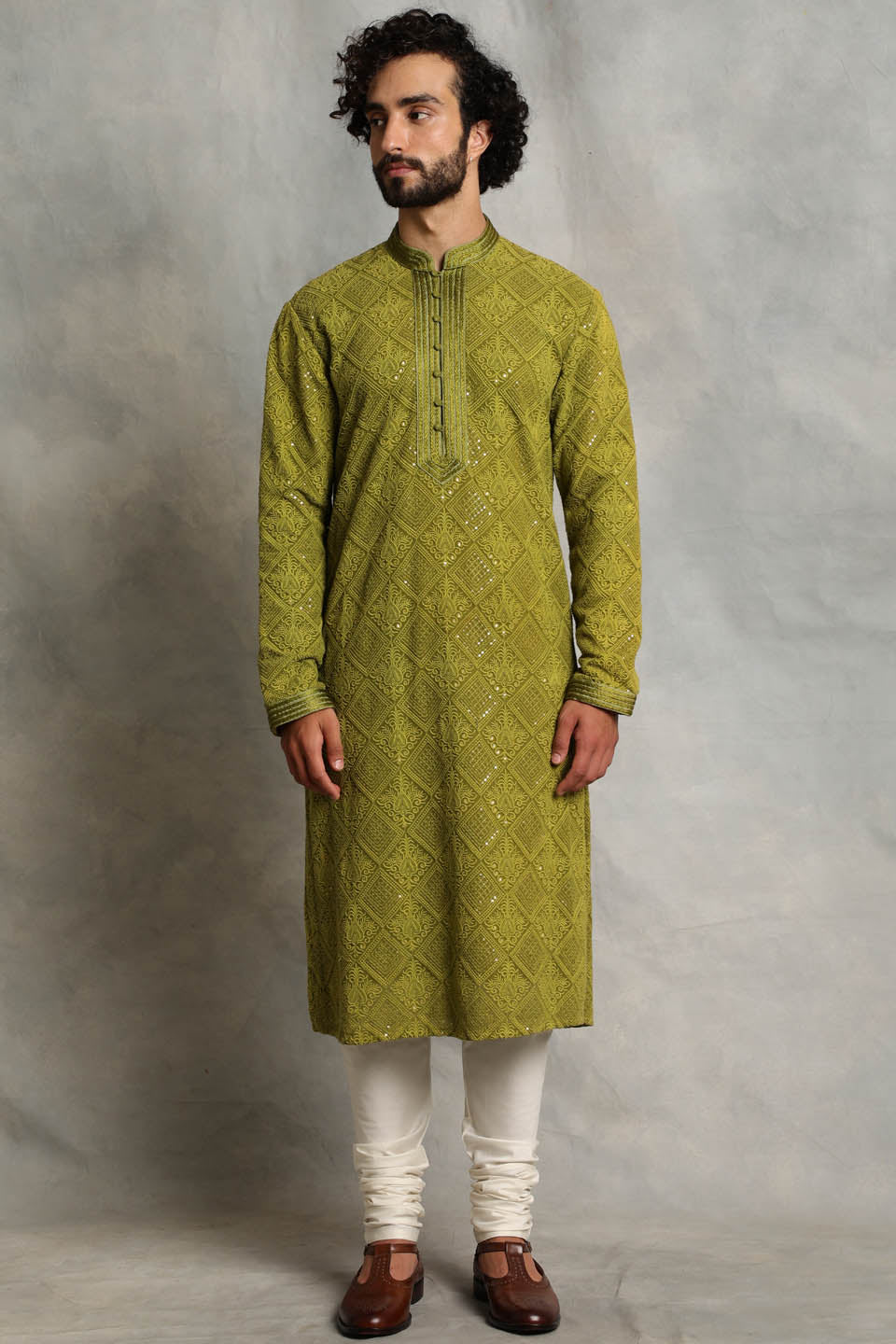 GREEN LUCKNOWI KURTA SET 1