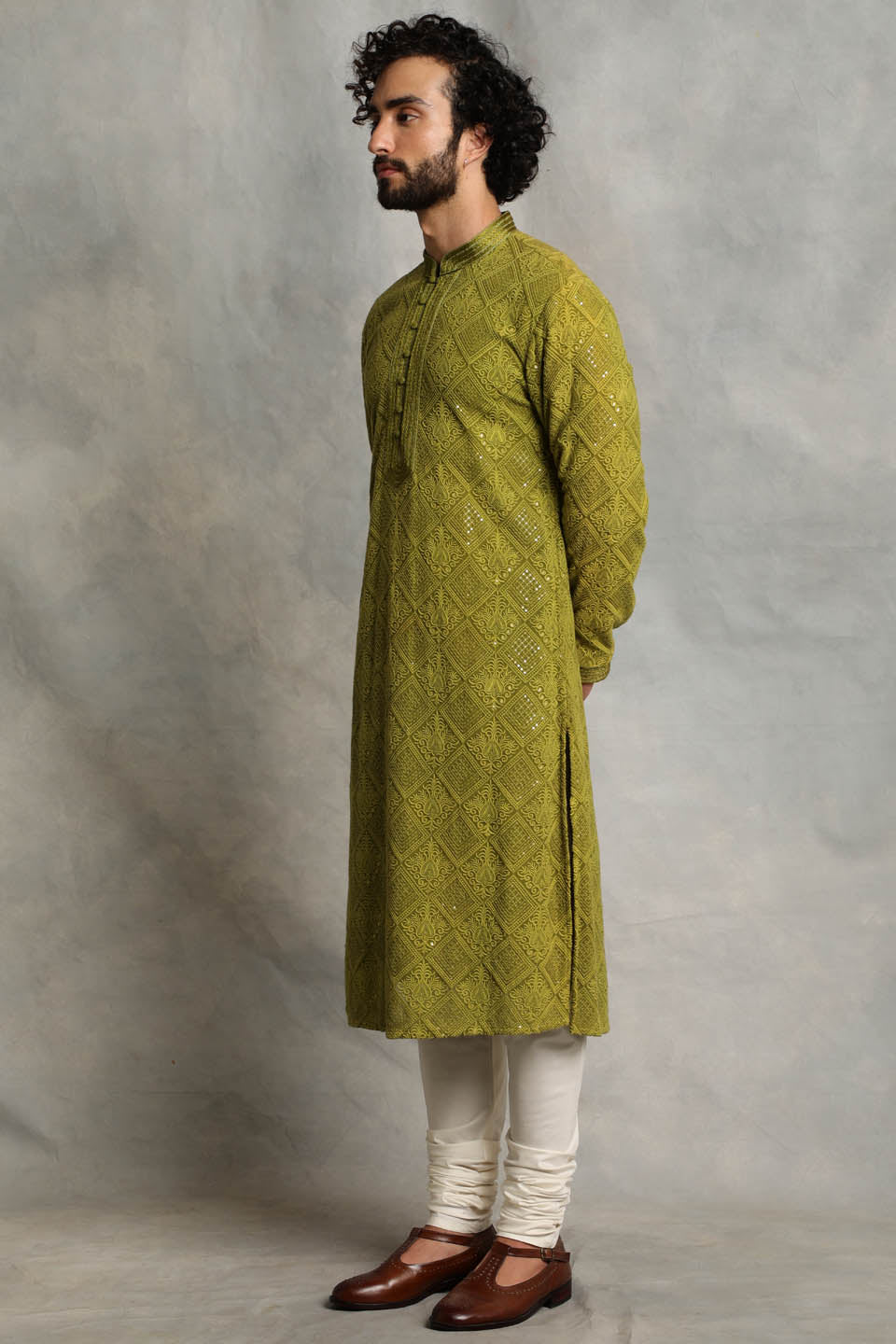 GREEN LUCKNOWI KURTA SET 3