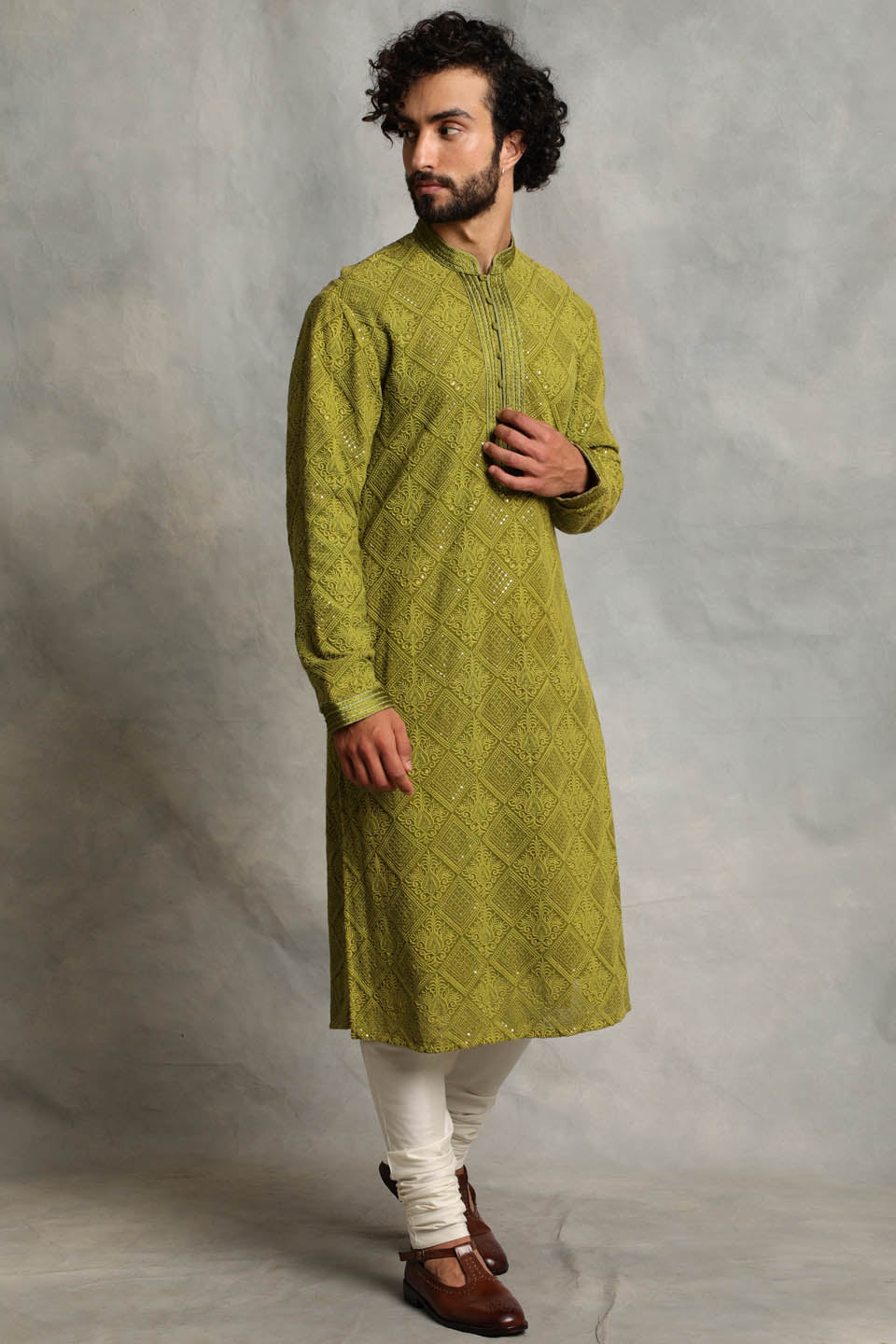 GREEN LUCKNOWI KURTA SET 4