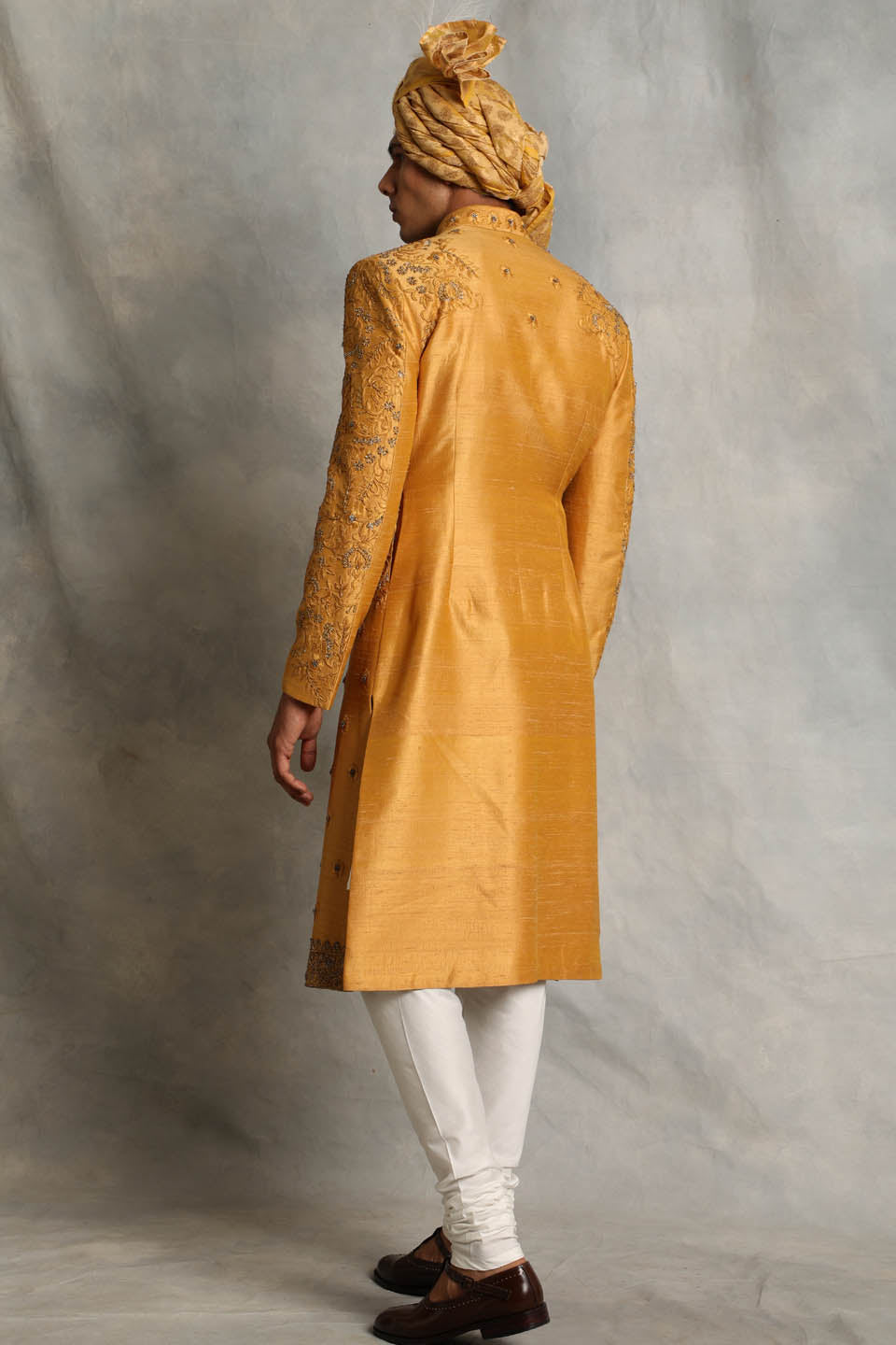 MUSTARD EMBROIDERED SILK SHERWANI SET 5