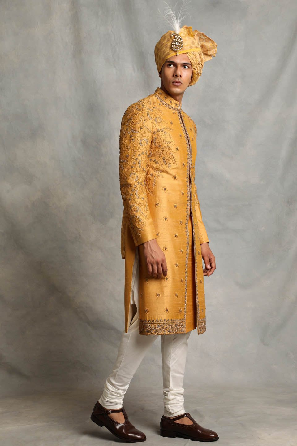 MUSTARD EMBROIDERED SILK SHERWANI SET 2