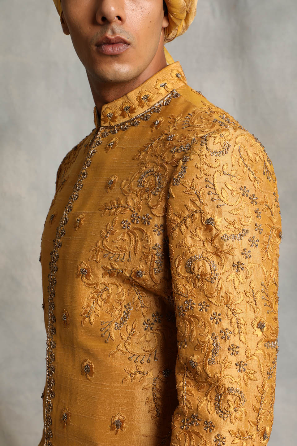 MUSTARD EMBROIDERED SILK SHERWANI SET 3