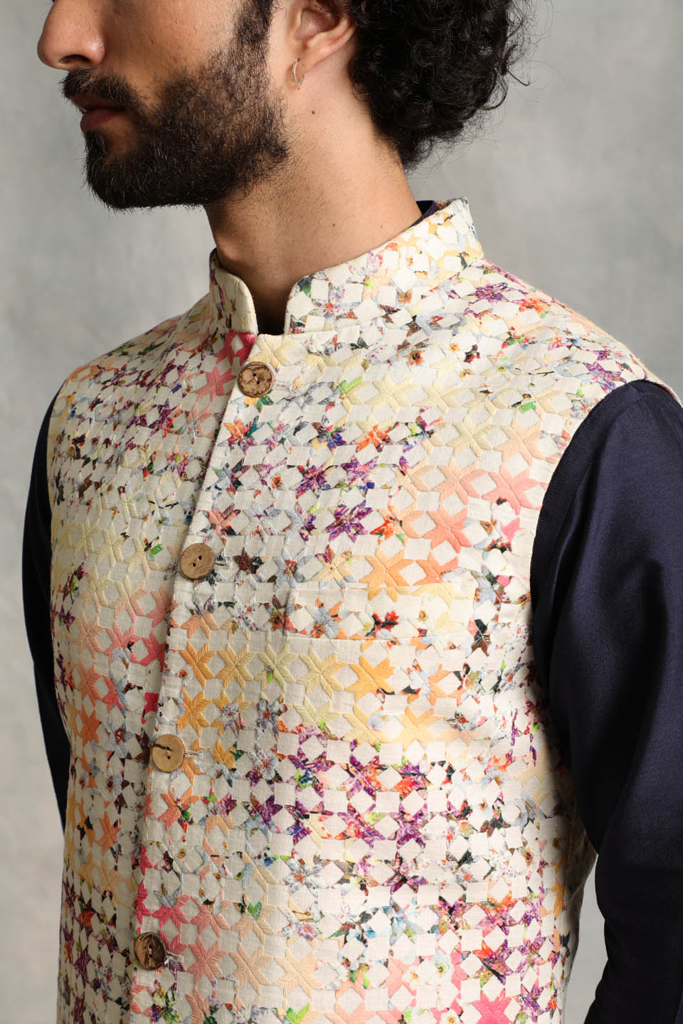 Gargee Designer's IVORY EMBROIDERED LINEN BUNDI SET Gargee