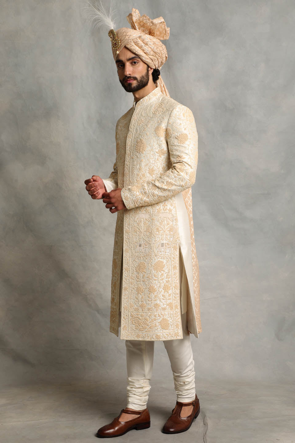IVORY EMBROIDERED SILK SHERWANI SET 3