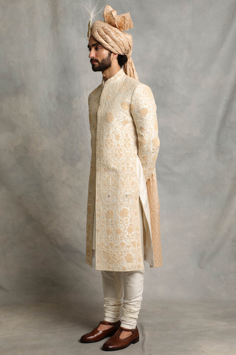 IVORY EMBROIDERED SILK SHERWANI SET 4