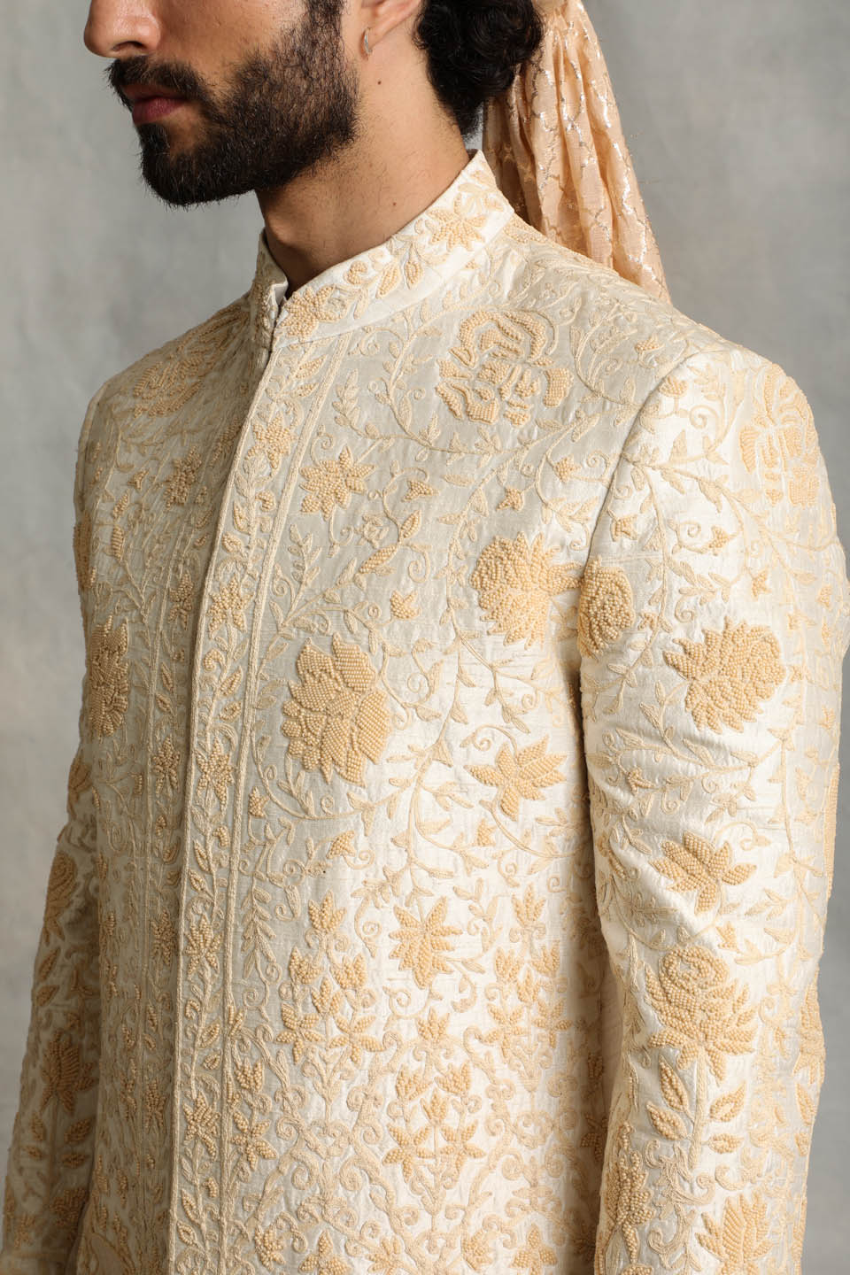 IVORY EMBROIDERED SILK SHERWANI SET 5