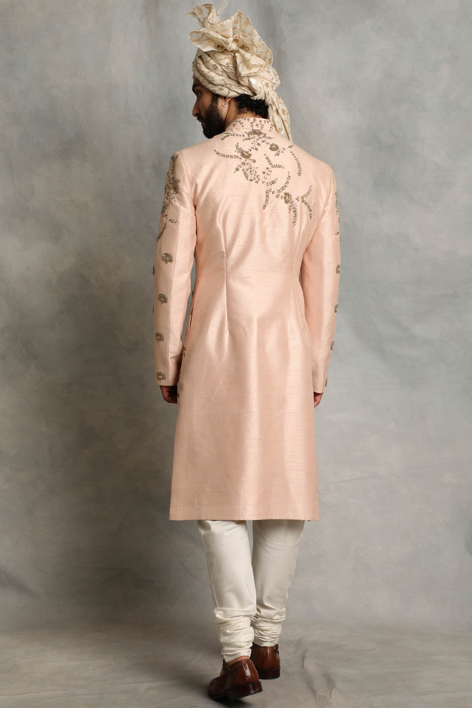 PEACH EMBROIDERED SILK SHERWANI  SET 2