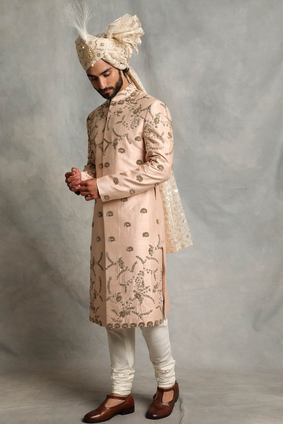 PEACH EMBROIDERED SILK SHERWANI  SET 3