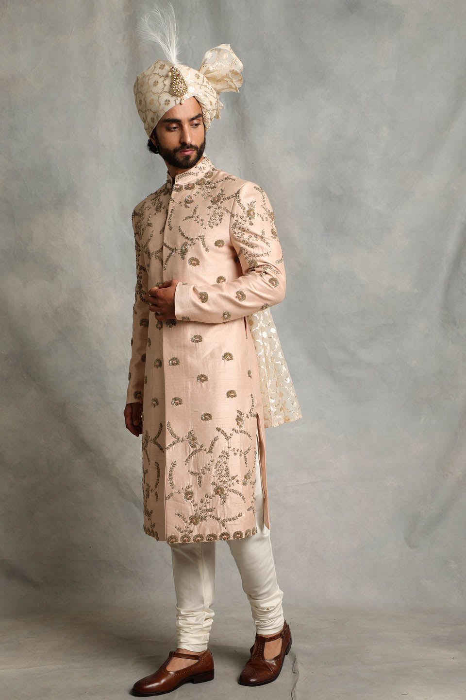 PEACH EMBROIDERED SILK SHERWANI  SET 4