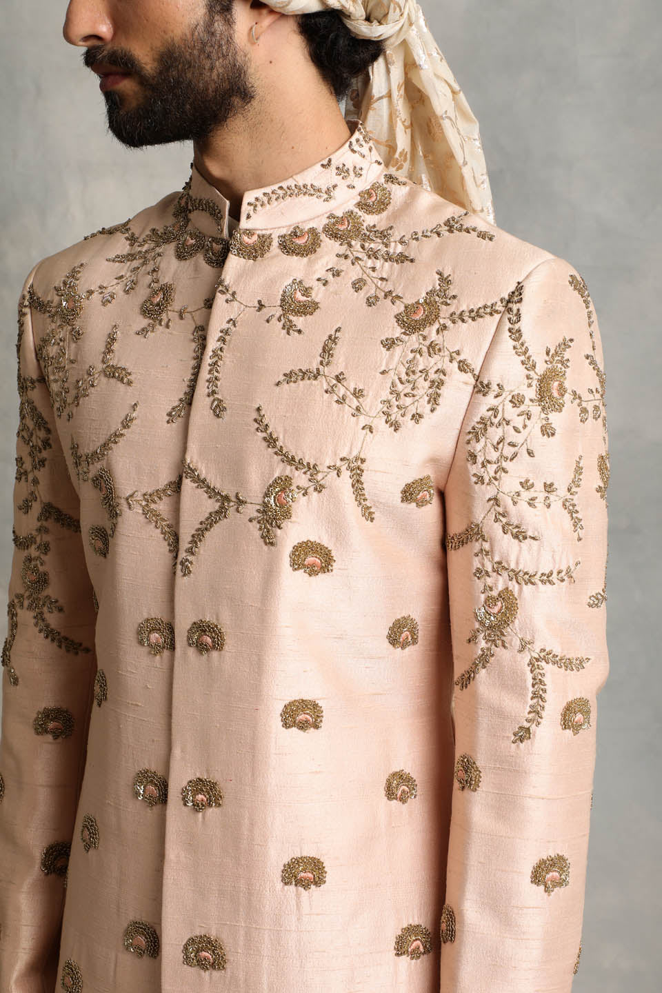 PEACH EMBROIDERED SILK SHERWANI  SET 5