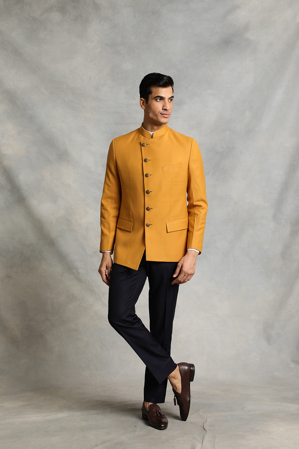 MUSTARD ASYMMETRIC BANDHGALA SET 1
