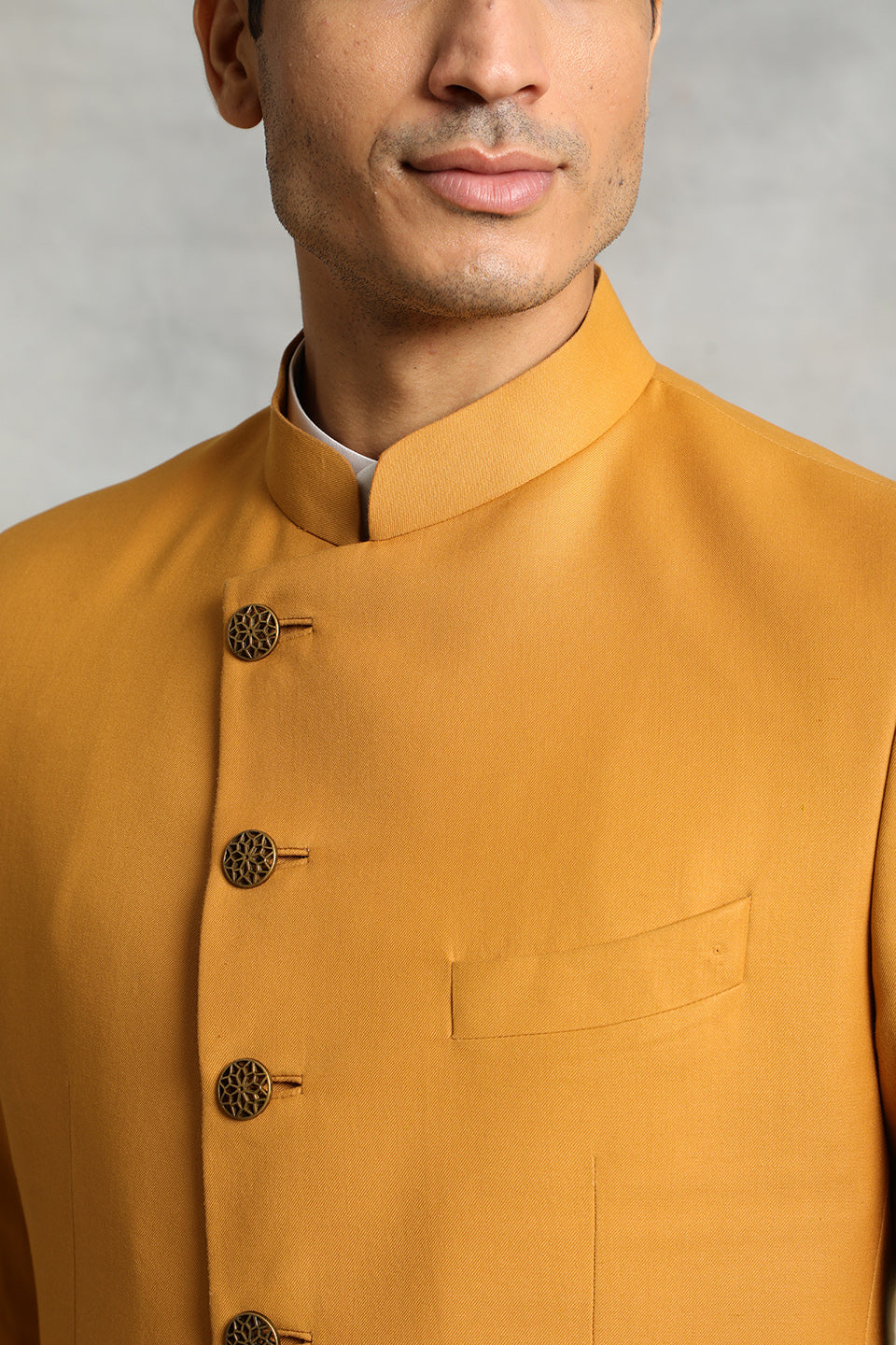 MUSTARD ASYMMETRIC BANDHGALA SET 4