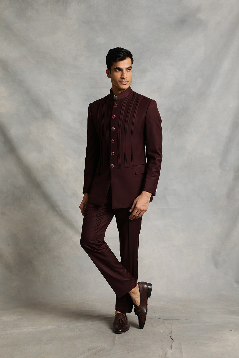 WINE PLEATED BANDHGALA SET 1