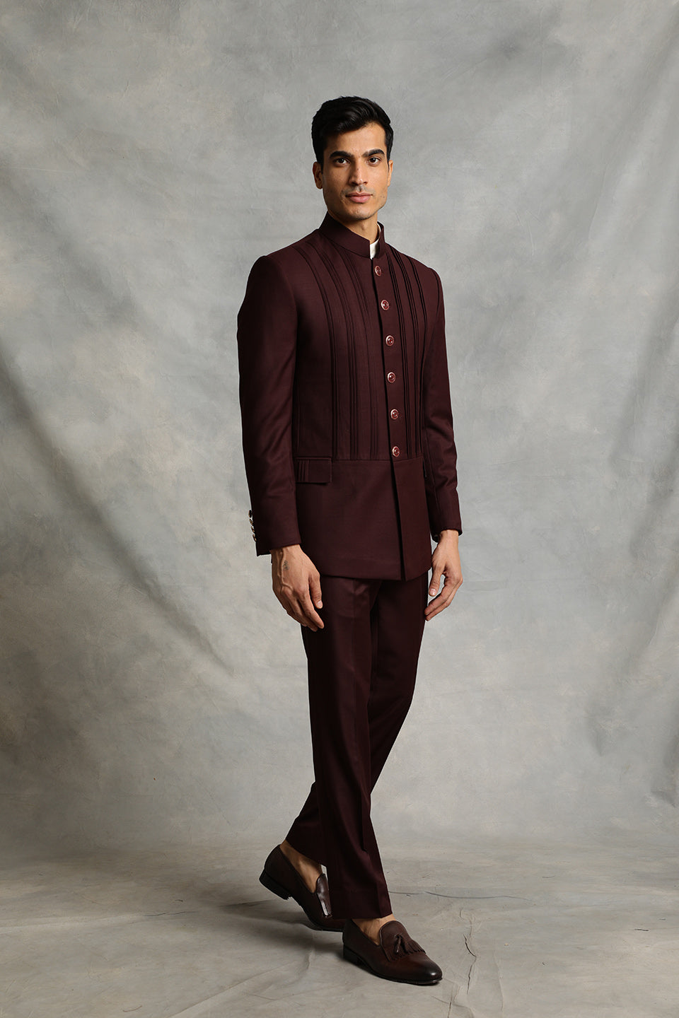WINE PLEATED BANDHGALA SET 3